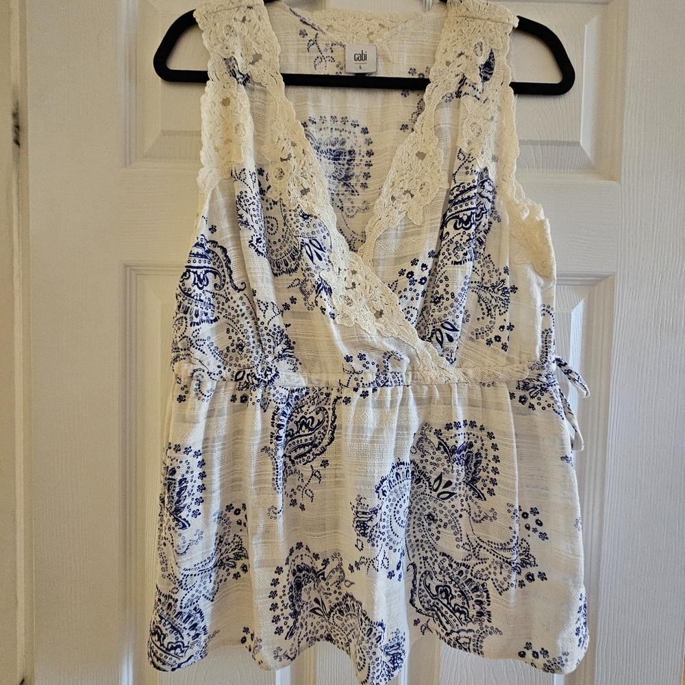 CAbi Ivory and Navy Paisley Lace Top